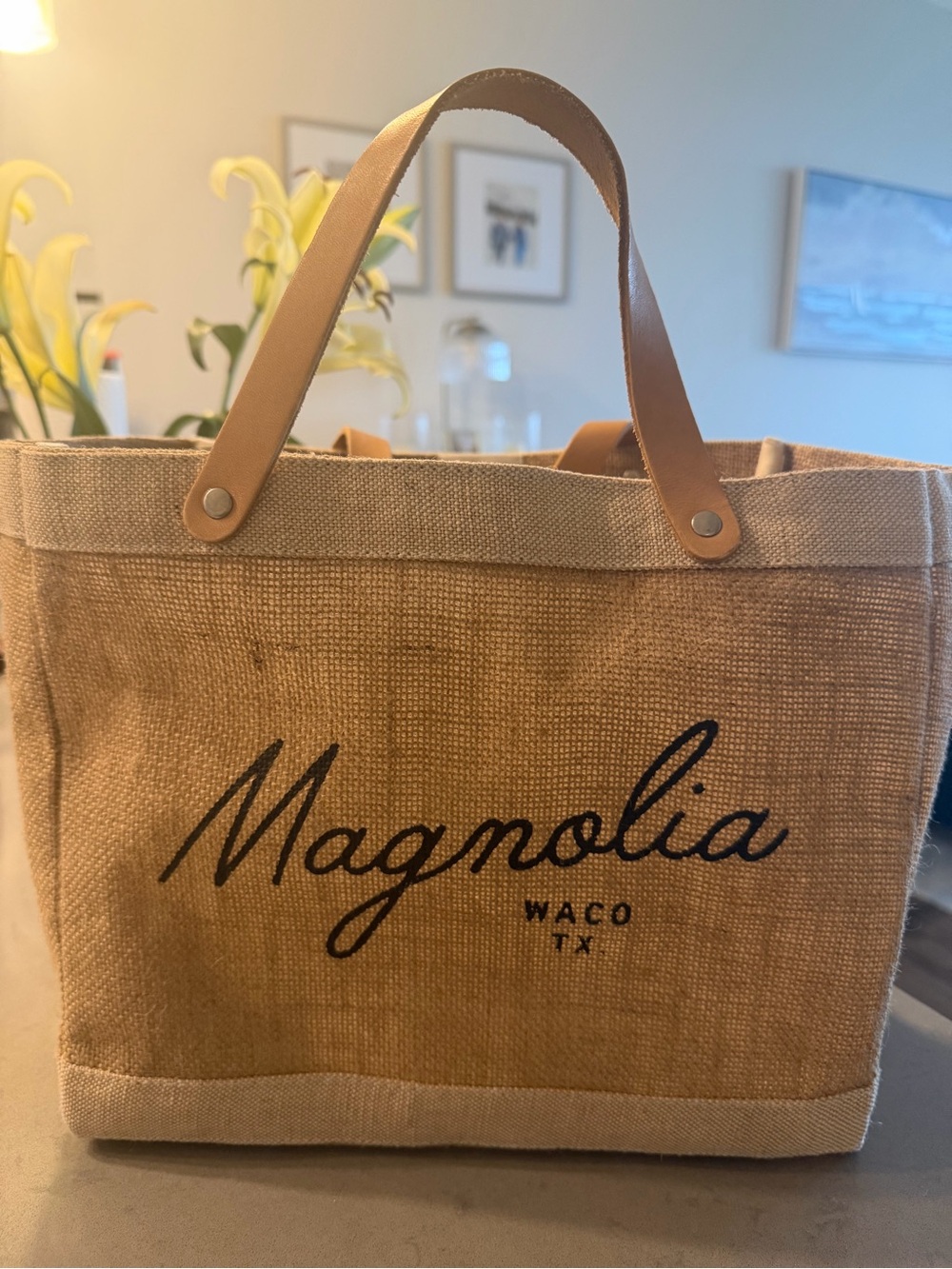 Magnolia Tan Jute Tote with Brown Leather Handles